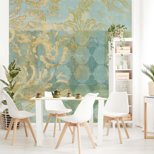 Patroonbehang Moroccan Collage In Gold And Turquoise