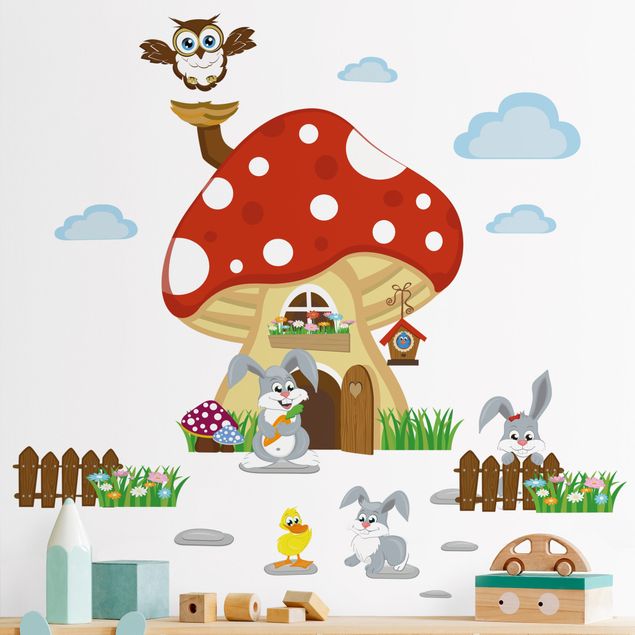 Muurstickers bosdieren No.yk32 Hasenfamilie lives in the flying mushroom