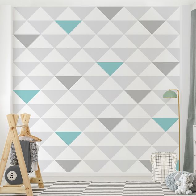Patroonbehang No.YK64 Triangles Grey White Turquoise