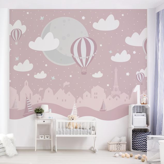 Fotobehang - Paris With Stars And Hot Air Balloon In Pink