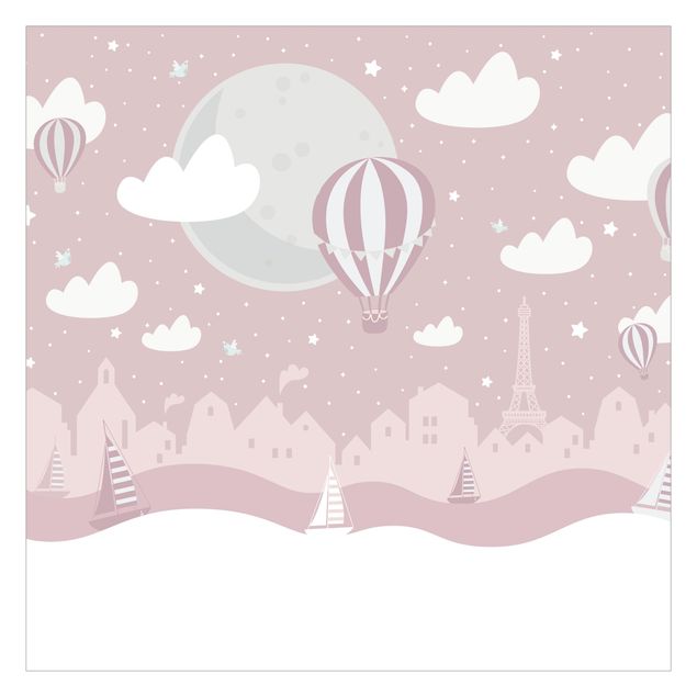 Fotobehang - Paris With Stars And Hot Air Balloon In Pink