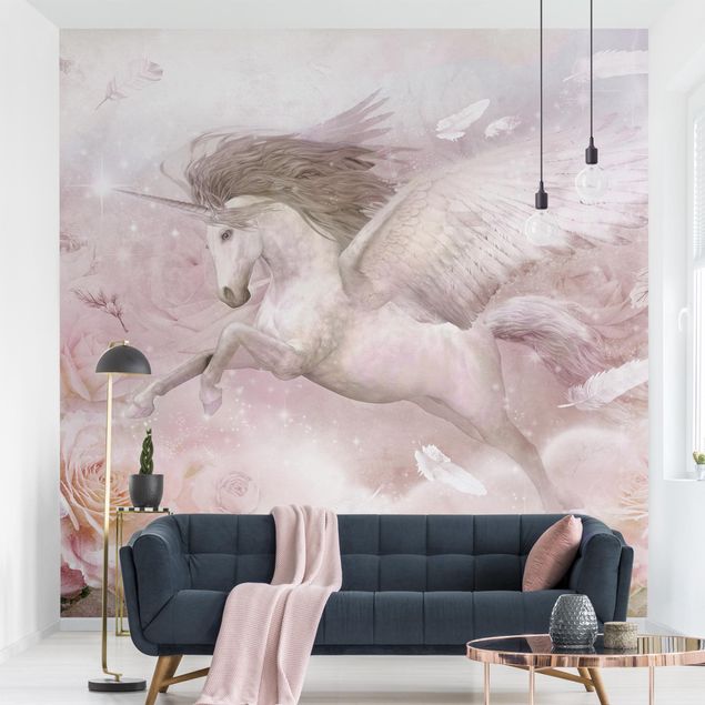 Fotobehang Pegasus unicorn with roses
