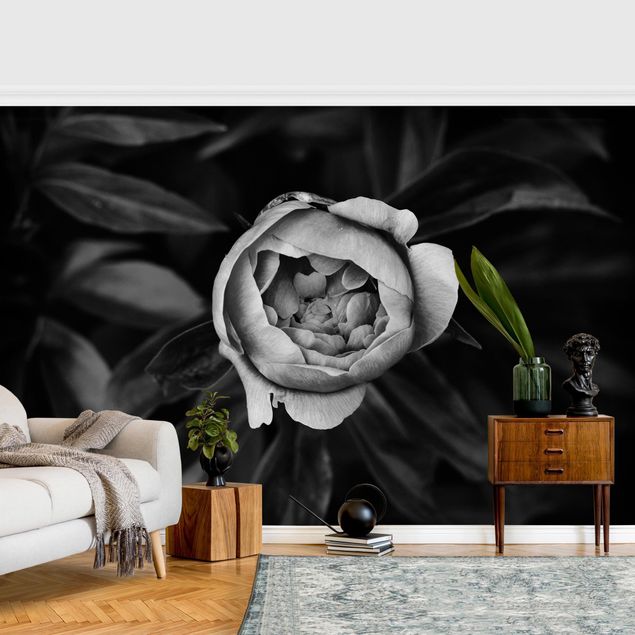 Fotobehang Peonies In Front Of Leaves Black And White