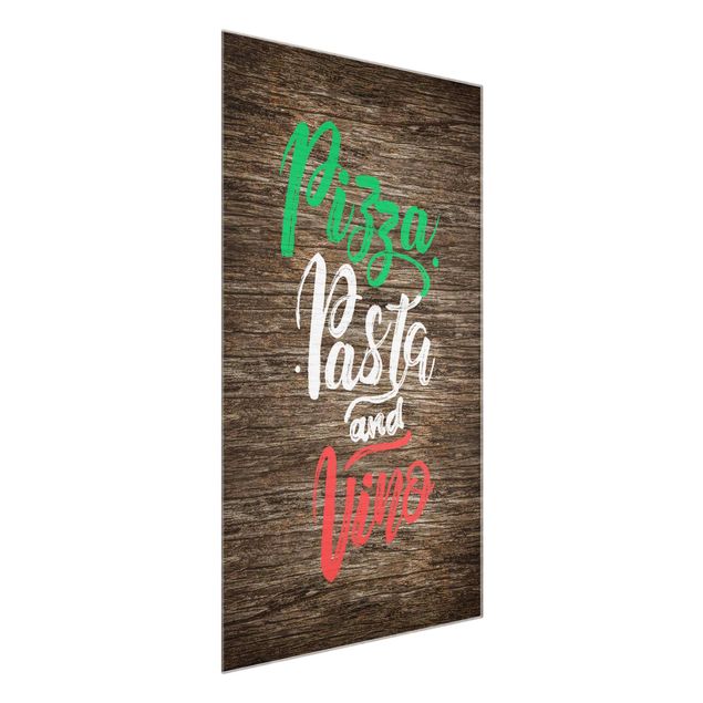 Glasschilderijen Pizza Pasta and Vino On Wooden Board