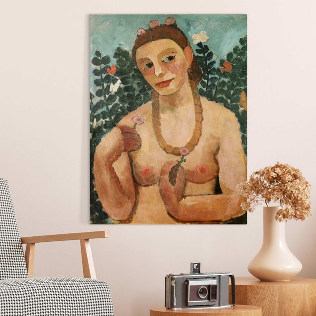 Canvas schilderijen Paula Modersohn-Becker - Self Portrait with Amber Necklace