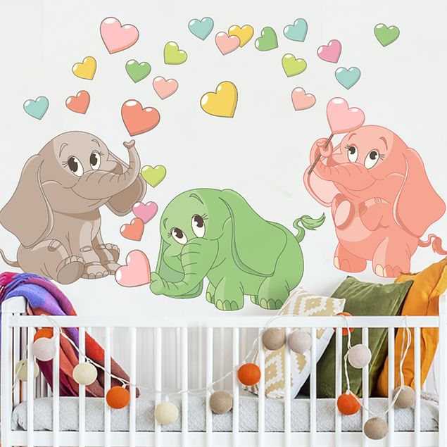 Muurstickers olifant Rainbow elephant babies with colorful hearts