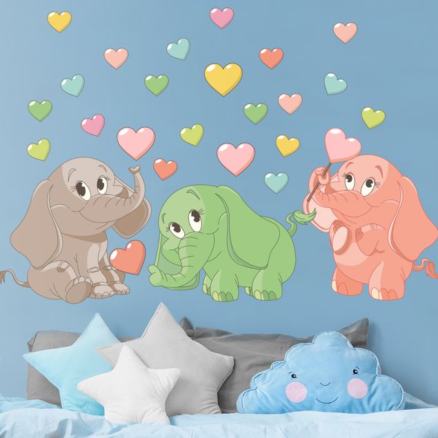 Muurstickers dieren Rainbow elephant babies with colorful hearts