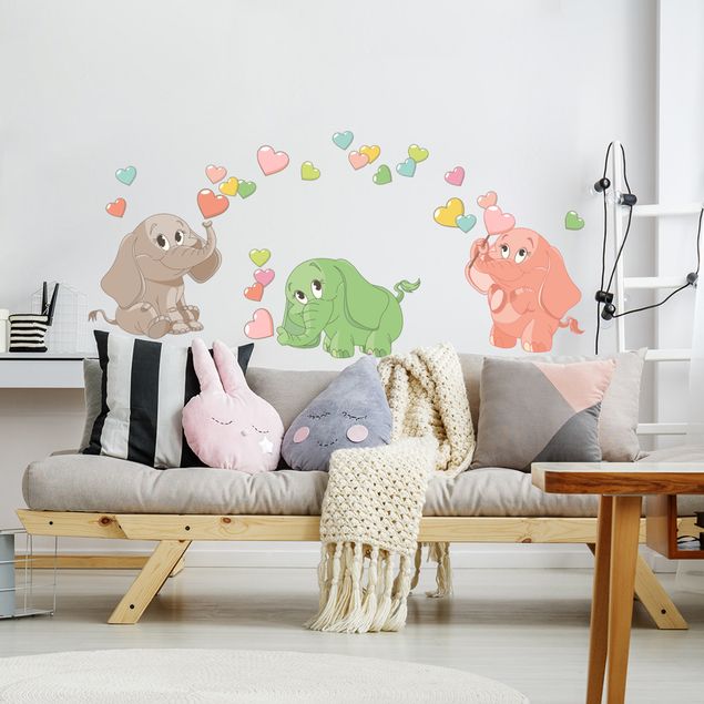 Muurstickers harts Rainbow elephant babies with colorful hearts