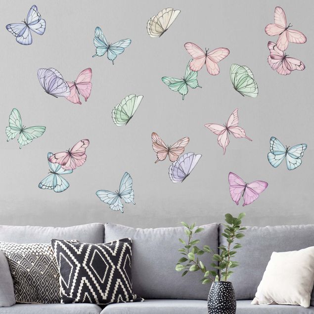 Muurstickers dieren Butterflies watercolor pastel set