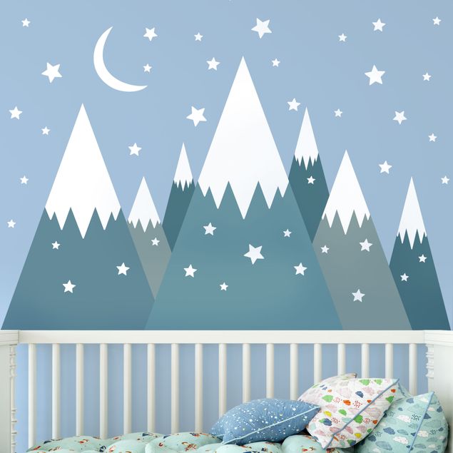 Muurstickers sterren Snow Covored Mountains Stars And Moon