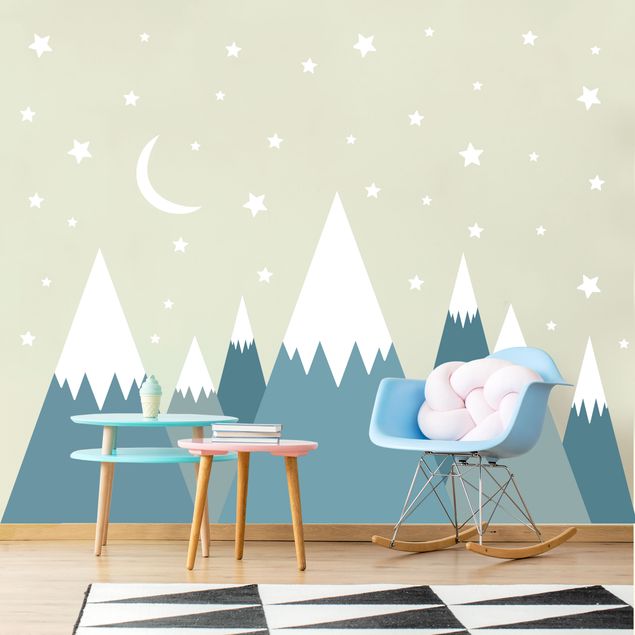 Muurstickers Snow Covored Mountains Stars And Moon