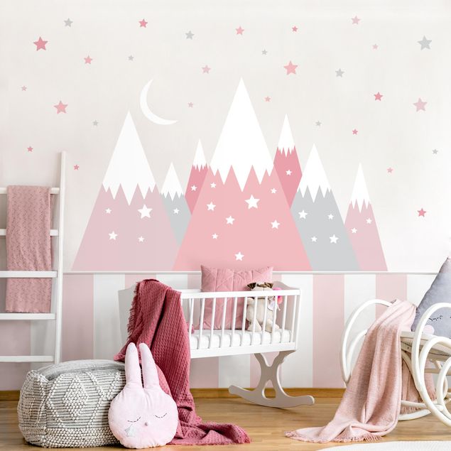 Muurstickers Snow-capped mountains star and moon pink