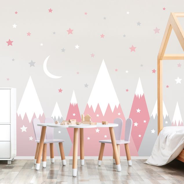 Muurstickers Snow-capped mountains star and moon pink