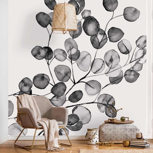Fotobehang Black And White Eucalyptus Twig Watercolour