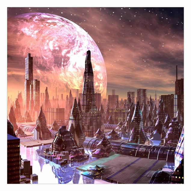 Fototapete - Sci-Fi Stadt mit Planeten