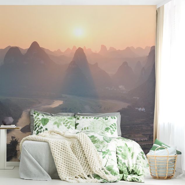 Fotobehang Sunrise In Mountainous Landscape