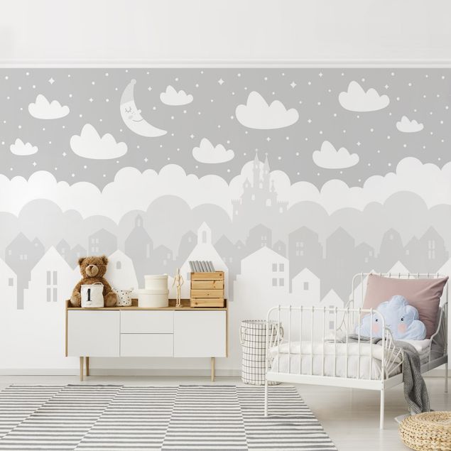 Fotobehang Starry Sky With Houses And Moon In Gray