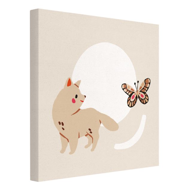 Natuurlijk canvas schilderijen Cute Animal Illustration - Cat And Butterfly