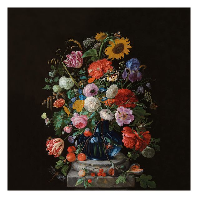 Fotobehang Jan Davidsz de Heem - Tulips, a Sunflower, an Iris and other Flowers in a Glass Vase on the Marble Base of a Column