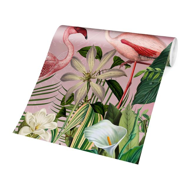 Fotobehang - Tropical Flamingos With Plants In Pink