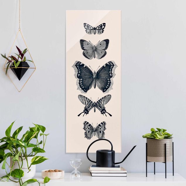 Glas Magnettafel Ink Butterflies On Beige Backdrop