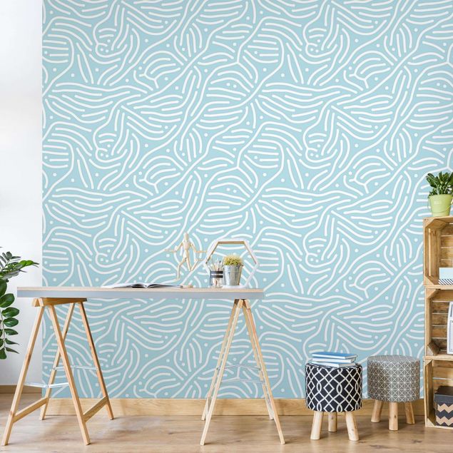 Fotobehang Playful Pattern With Lines And Dots In Light Blue