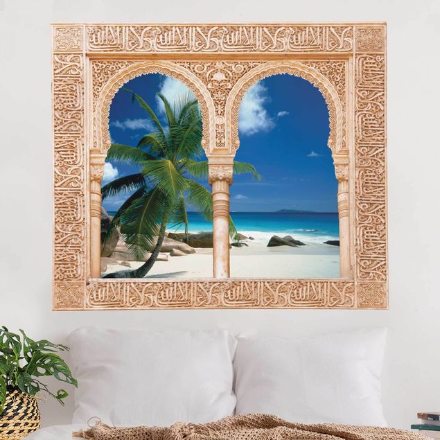 Muurstickers palms Decorated window dream beach