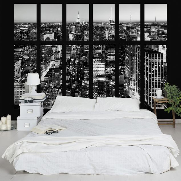 Fotobehang Window View Manhattan Skyline In Black And White