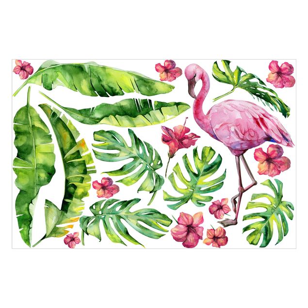Muurstickers dieren Jungle Flamingo Botany Leaves Set