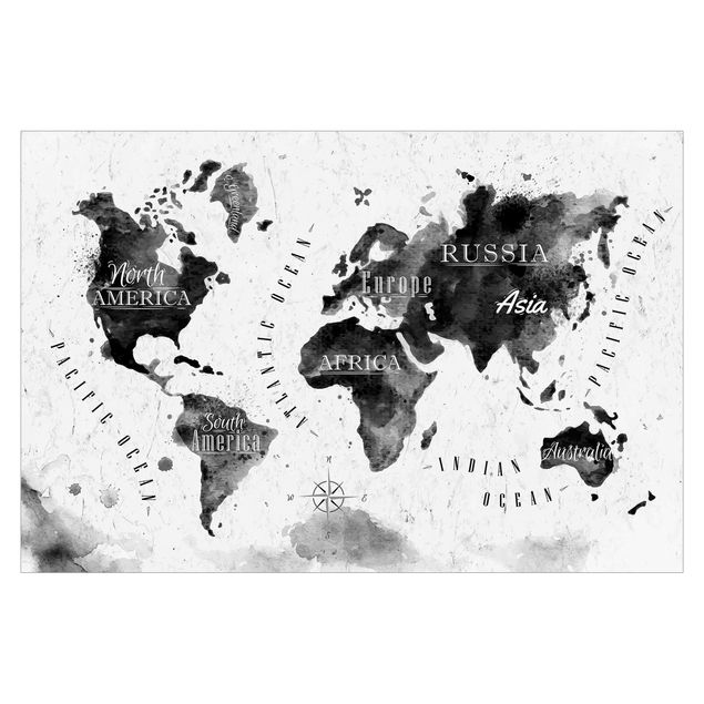 Fotobehang World Map Watercolour Black