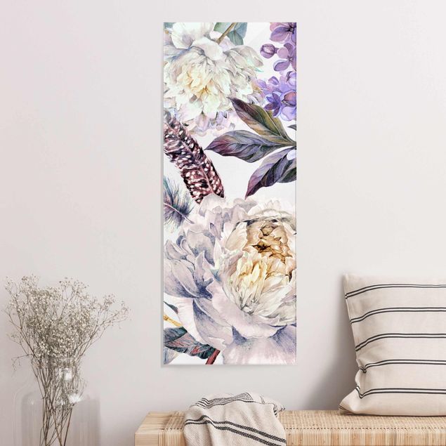 Glas Magnetboard Delicate Watercolour Boho Flowers And Feathers Pattern