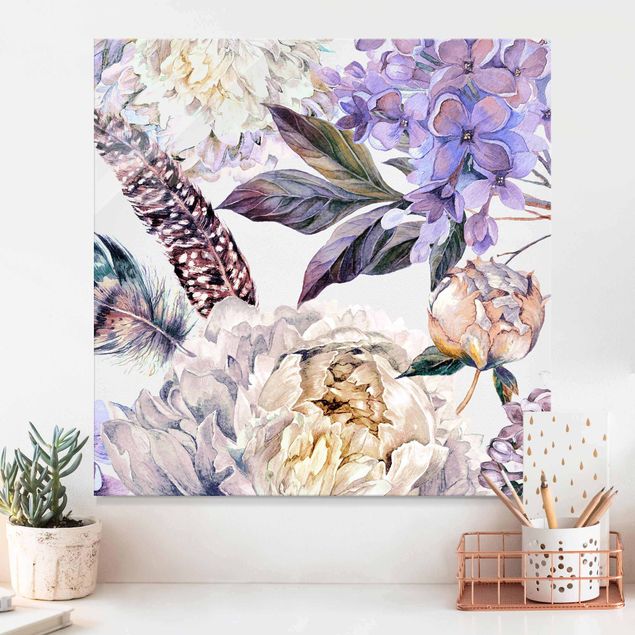 Glas Magnetboard Delicate Watercolour Boho Flowers And Feathers Pattern