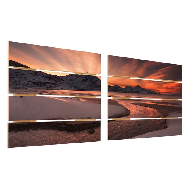 Houten schilderijen op plank - 2-delig Golden Sunset