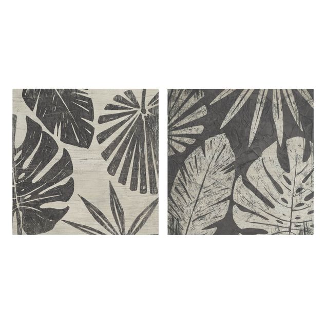 Canvas schilderijen - 2-delig  Palm Leaves In Front Of Dark Gray Set I