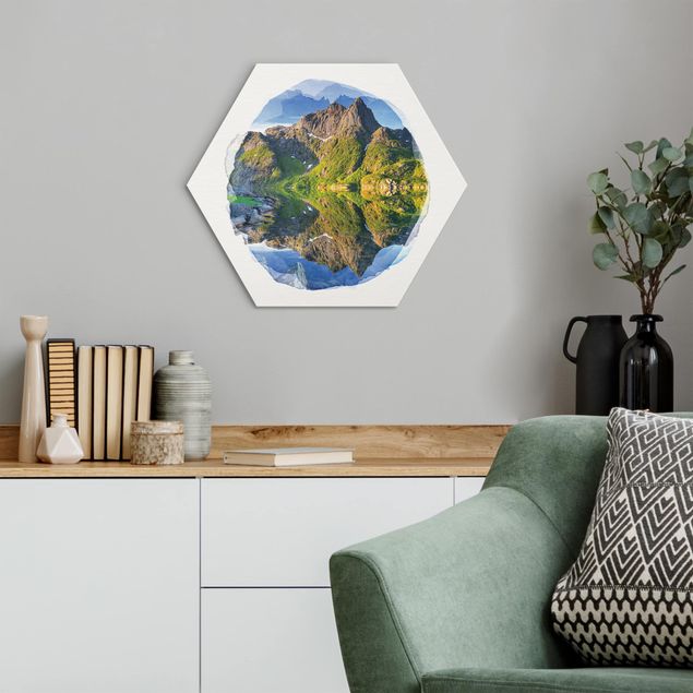 Hexagons Aluminium Dibond schilderijen WaterColours - Mountain Landscape With Water Reflection In Norway