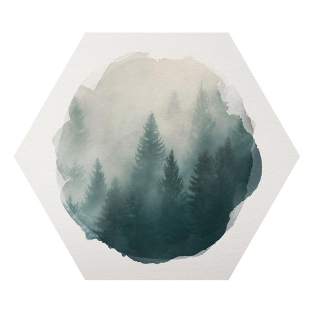 Hexagons Aluminium Dibond schilderijen WaterColours - Coniferous Forest In Fog