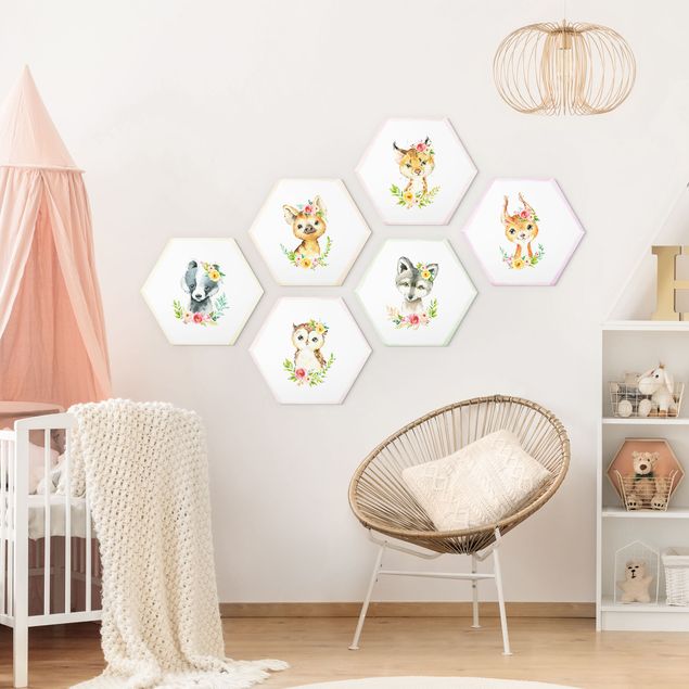 Hexagons Forex schilderijen - 6-delig Watercolour Forest Animals With Flowers Set V