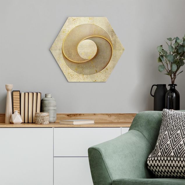 Hexagons Aluminium Dibond schilderijen Line Art Circling Spirale Gold
