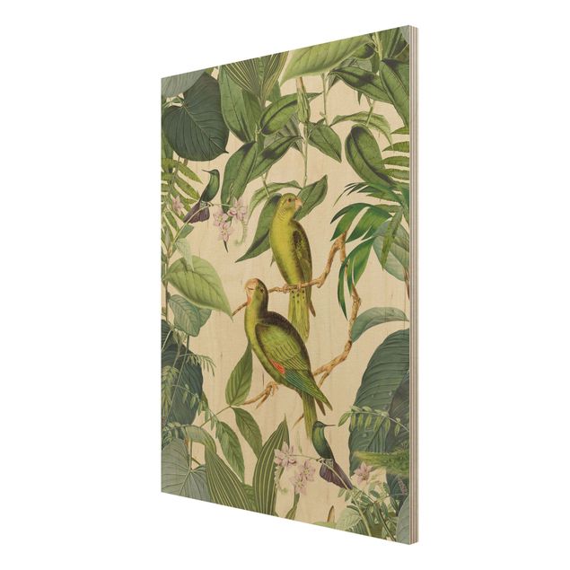 Houten schilderijen Vintage Collage - Parrots In The Jungle