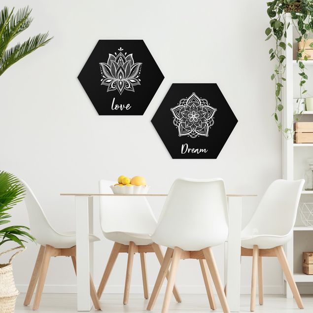Hexagons Aluminium Dibond schilderijen - 2-delig Mandala Dream Love Set Black
