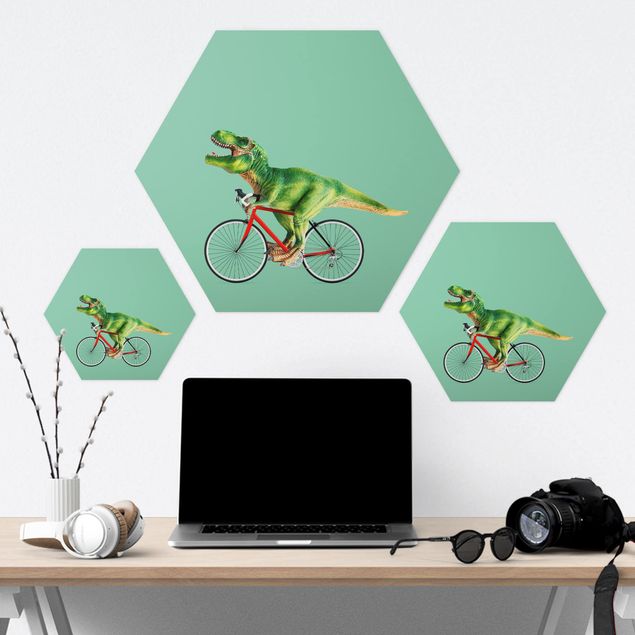 Hexagons Aluminium Dibond schilderijen Dinosaur With Bicycle