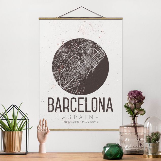Stoffen schilderij met posterlijst Barcelona City Map - Retro