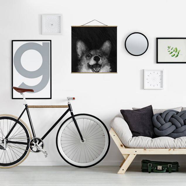 Stoffen schilderij met posterlijst Illustration Dog Corgi Paintig Black And White