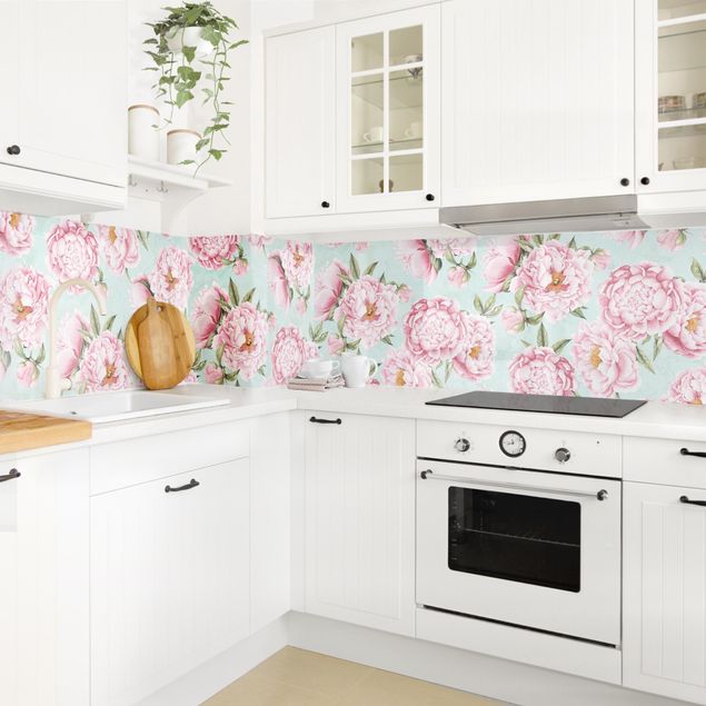 Achterwand voor keuken Pink Flowers On Mint Green In Watercolour