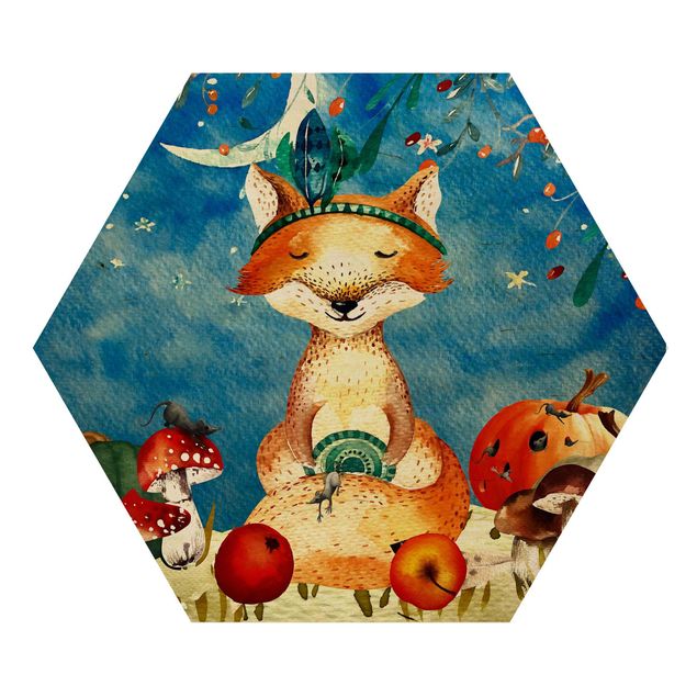 Hexagons houten schilderijen Watercolor Fox In The Moonlight