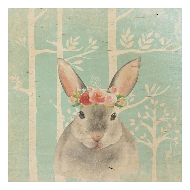 Houten schilderijen Watercolour Rabbit Turquoise