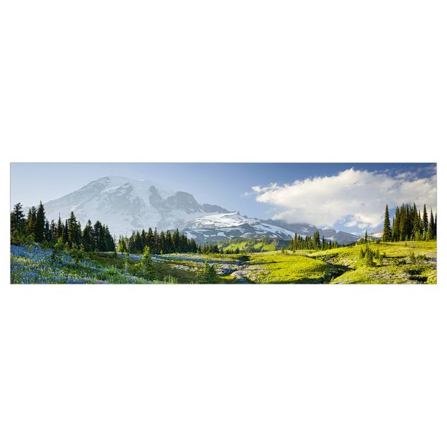 Keukenachterwanden - Mountain Meadow With Blue Flowers in Front of Mt. Rainier