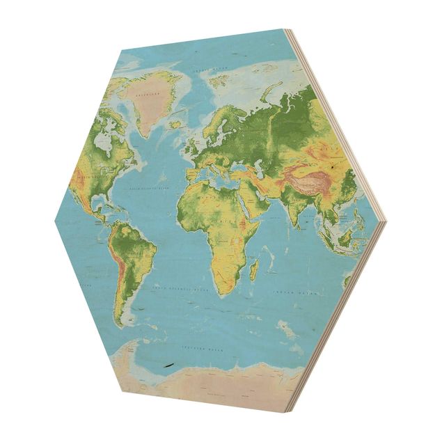 Hexagons houten schilderijen Physical World Map