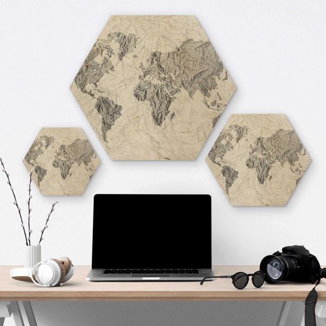 Hexagons houten schilderijen Paper World Map White Grey