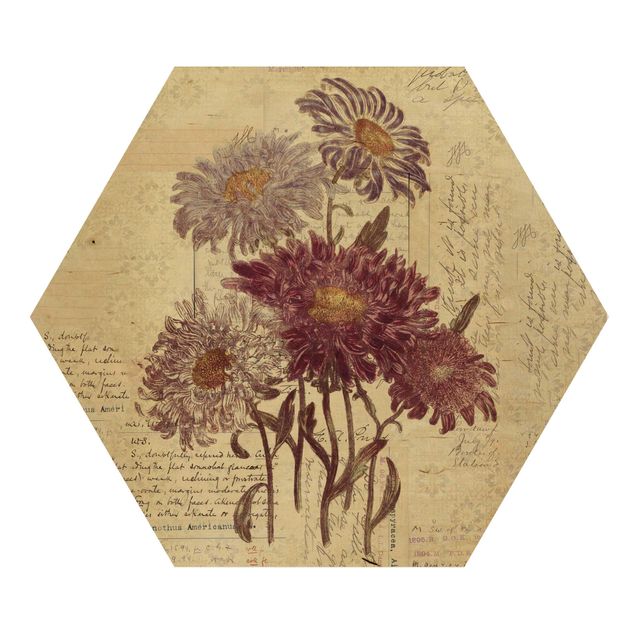 Hexagons houten schilderijen Vintage Flowers With Handwriting